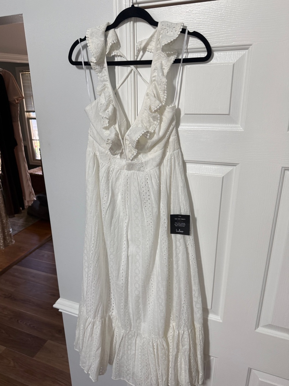 Lulu's White Eyelet Ruffle Backless Midi Dress